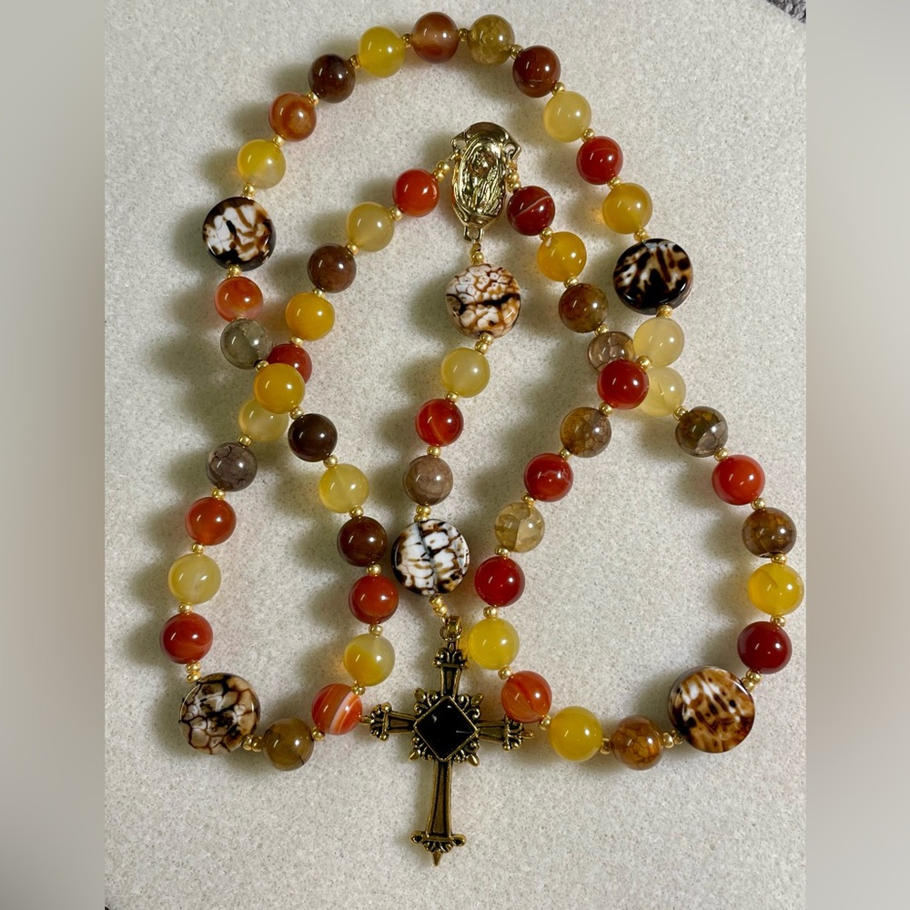 Hand strung Heirloom Rosary Earth tones with Gold accents One of A Kind